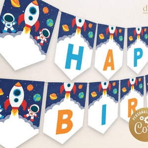 EDITABLE Space Happy Birthday Banner, Galaxy Birthday Banner, Boy Blue Space Astronaut Party Decorations, Instant Download, Corjl, KP046