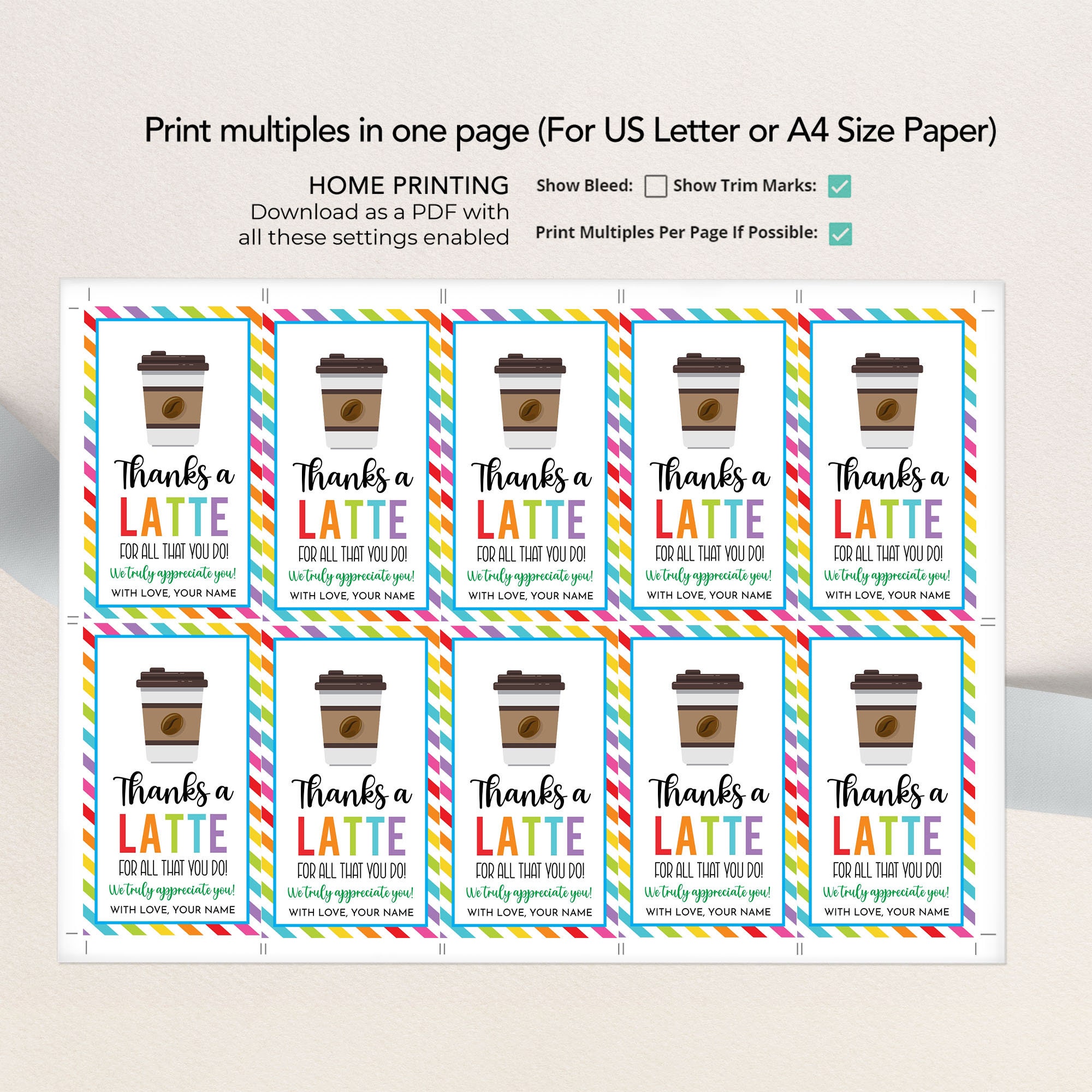 Thanks A Latte Favor Tags, Editable Appreciation Week Gift Tag ...