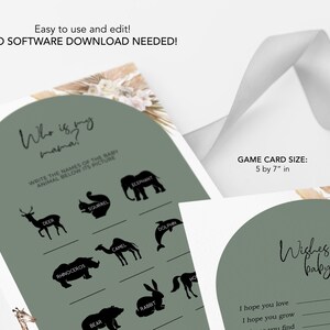 May include: Green and white baby shower game card with a jungle animal theme. The card has a list of animals and a space to write the names of the animals. The card also has a section for wishes for the baby. The card measures 5 by 7 inches.