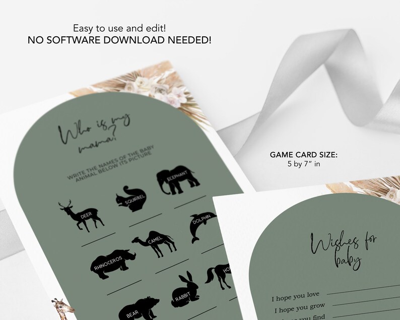 May include: Green and white baby shower game card with a jungle animal theme. The card has a list of animals and a space to write the names of the animals. The card also has a section for wishes for the baby. The card measures 5 by 7 inches.