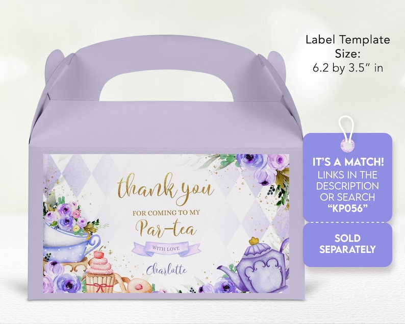 May include: Purple and gold favor box with a thank you message for a tea party. The box has a handle and features a watercolor illustration of a teapot, cupcakes, and flowers. The text reads "Thank you for coming to my Par-tea with love, Charlotte".