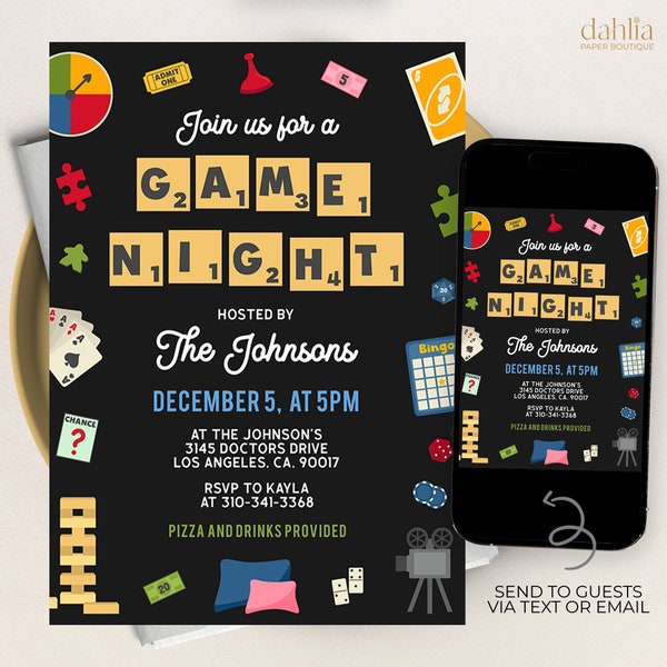 Game Night Invitation, EDITABLE House Party Invite, Board Games, Printable Birthday Template, Family Game Night, Instant Download, KP206