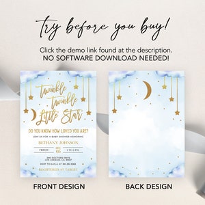 May include: A baby shower invitation with a blue watercolor background and gold stars and a crescent moon. The text reads "Twinkle Twinkle Little Star" and includes details for the shower, including the date, time, and location. The back of the invitation features a similar design with a crescent moon and stars.