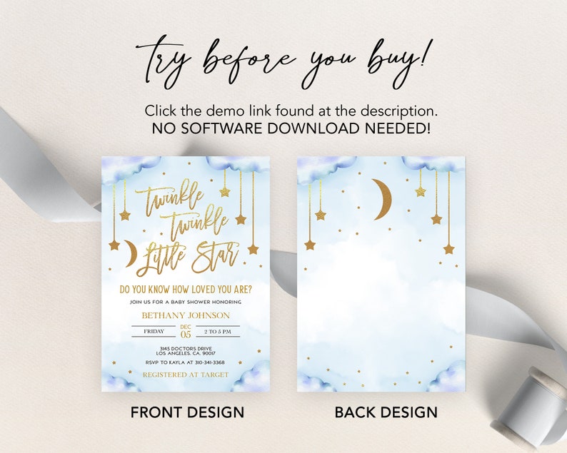 May include: A baby shower invitation with a blue watercolor background and gold stars and a crescent moon. The text reads "Twinkle Twinkle Little Star" and includes details for the shower, including the date, time, and location. The back of the invitation features a similar design with a crescent moon and stars.