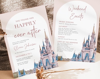Despedida de soltera en un parque temático, itinerario y invitación para un fin de semana en un castillo, invitación a un parque de atracciones, acuarela, descarga de plantilla editable, BC003