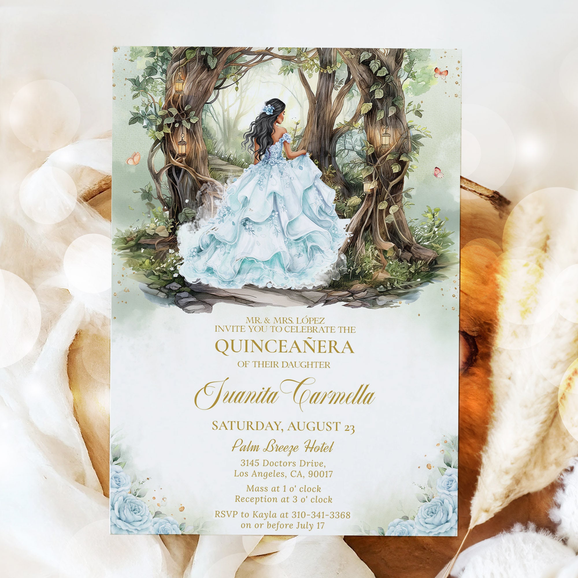 Enchanted Forest Quinceañera Invitation, EDITABLE Blue Magical