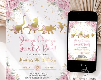 Pink & Gold Dinosaur Birthday Invitation, EDITABLE Girl T-rex Dinosaur Party Invite, Pink Ballerina Princess Invite, Instant Download, KP262