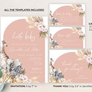 Puede incluir: Un conjunto de plantillas de baby shower imprimibles con un esquema de color rosa y blanco con una ilustraci&oacute;n de acuarela de una jirafa, un elefante, una cebra y un le&oacute;n. Las plantillas incluyen una invitaci&oacute;n, una tarjeta de agradecimiento, una tarjeta de rifa de pa&ntilde;ales y una tarjeta de libros para beb&eacute;s. El texto de la invitaci&oacute;n dice "hello baby" y "Join us for a baby shower honoring Samantha and Aiden".