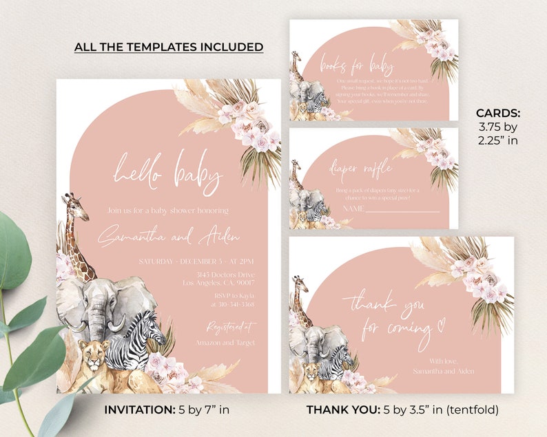 Puede incluir: Un conjunto de plantillas de baby shower imprimibles con un esquema de color rosa y blanco con una ilustraci&oacute;n de acuarela de una jirafa, un elefante, una cebra y un le&oacute;n. Las plantillas incluyen una invitaci&oacute;n, una tarjeta de agradecimiento, una tarjeta de rifa de pa&ntilde;ales y una tarjeta de libros para beb&eacute;s. El texto de la invitaci&oacute;n dice "hello baby" y "Join us for a baby shower honoring Samantha and Aiden".
