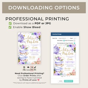 May include: A printable invitation for a tea party with a purple teapot, teacups, and flowers. The text on the invitation says "Let's Par-tea" and "Join us for a tea party to celebrate Charlotte's 7th Birthday".