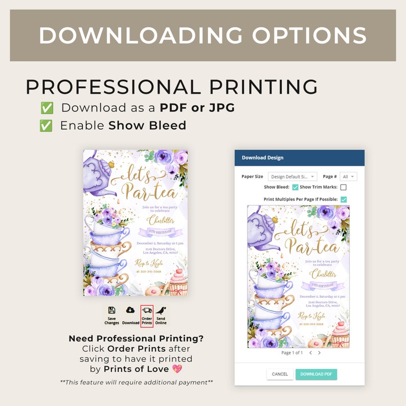 May include: A printable invitation for a tea party with a purple teapot, teacups, and flowers. The text on the invitation says "Let's Par-tea" and "Join us for a tea party to celebrate Charlotte's 7th Birthday".