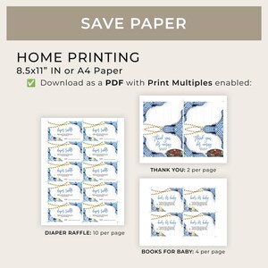 May include: Printable PDF file with 8.5x11 inch or A4 paper size for home printing. The file includes four different designs: "Thank You", "Diaper Raffle", "Books for Baby", and "Baby Boy". Each design is shown in a grid layout with the number of cards per page indicated.