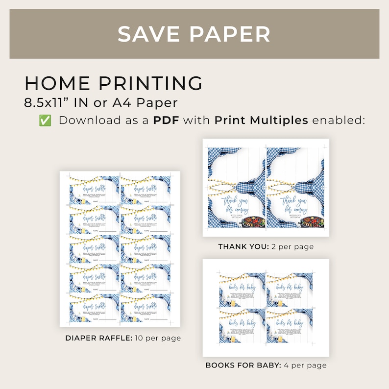 May include: Printable PDF file with 8.5x11 inch or A4 paper size for home printing. The file includes four different designs: "Thank You", "Diaper Raffle", "Books for Baby", and "Baby Boy". Each design is shown in a grid layout with the number of cards per page indicated.