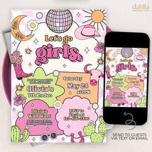 Space Cowgirl Birthday Invitation, Editable Disco Rodeo Party Invite, Retro Pink Cowgirl Wild West Nashville Party, Instant Download, KP617