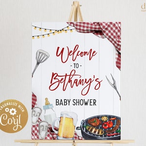Editable Red Baby-Q Baby Shower Welcome Sign, Backyard Couples Baby Sprinkle, Printable Unisex Baby BBQ Party Banner, Instant Download BS167