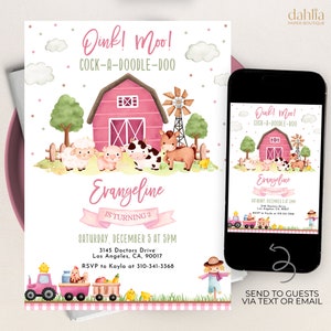 Bauernhof-Geburtstagseinladung, EDITIERBARE Scheunentiere Party-Vorlage, moderne Ranch-Kindergeburtstag, Blumenrosa Barnyard-Tier, einfacher Download KP193