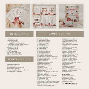 May include: Printable baby shower game signs and tickets with a pink and red tractor theme. The signs are 5 by 7 inches and the tickets are 3.5 by 2 inches. The signs include titles like "The Pacifier Hunt", "My Water Broke", and "Late Night Diapers". The tickets include titles like "Name Suggestions", "Parenting Tip", and "Guess How Many Gummy Bears Are In The Jar".
