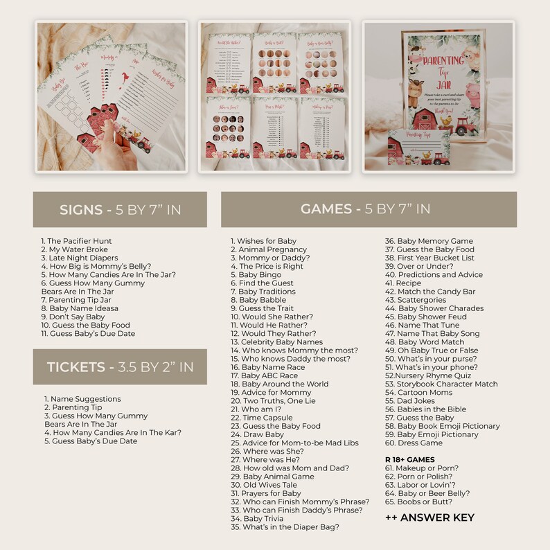 May include: Printable baby shower game signs and tickets with a pink and red tractor theme. The signs are 5 by 7 inches and the tickets are 3.5 by 2 inches. The signs include titles like "The Pacifier Hunt", "My Water Broke", and "Late Night Diapers". The tickets include titles like "Name Suggestions", "Parenting Tip", and "Guess How Many Gummy Bears Are In The Jar".