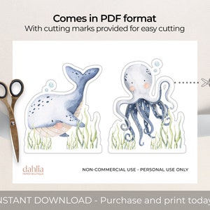 Puede incluir: Dise&ntilde;os imprimibles de ballena y pulpo para recortar en estilo acuarela. Los dise&ntilde;os est&aacute;n sobre un fondo blanco con detalles azules, grises y verdes. El texto "Comes in PDF format" y "With cutting marks provided for easy cutting" est&aacute; en la parte superior de la imagen. El texto "NON-COMMERCIAL USE - PERSONAL USE ONLY" est&aacute; en la parte inferior de la imagen.