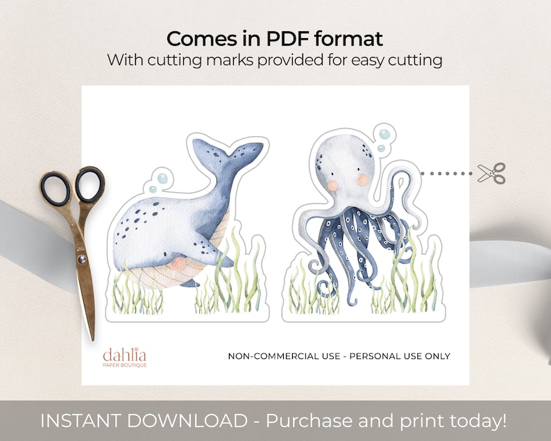 Puede incluir: Dise&ntilde;os imprimibles de ballena y pulpo para recortar en estilo acuarela. Los dise&ntilde;os est&aacute;n sobre un fondo blanco con detalles azules, grises y verdes. El texto "Comes in PDF format" y "With cutting marks provided for easy cutting" est&aacute; en la parte superior de la imagen. El texto "NON-COMMERCIAL USE - PERSONAL USE ONLY" est&aacute; en la parte inferior de la imagen.