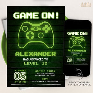 EDITABLE Video Game Party Invitation, Gamer Birthday Invite, Green Glow Neon Invite Template, Gaming, Game Party, Instant Download, KP070