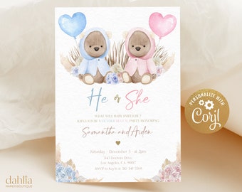 Bear Gender Reveal Invitation, Pampas Grass Gender Reveal Invite Template, Bohemian Desert, Boho, He or She, Boy Girl, Watercolor, GR002