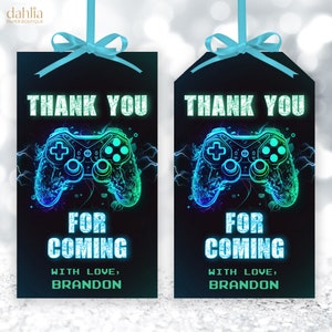 BEWERKBARE videogame verjaardagscadeau tag, gamer partij gunst sjabloon, blauwe neon gloed dank u label, Boy Game Party, Instant Download, KP214