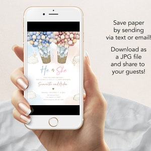May include: A gender reveal party invitation with a blue and pink balloon hot air balloon theme. The invitation features two elephants in hot air balloons, one blue and one pink, with the text "He or She" and "Samantha and Aiden".