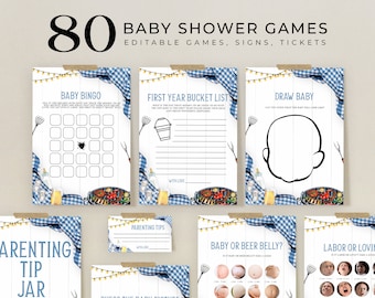Editable 80 Baby Q Baby Shower Games, EDITABLE BBQ Games Bundle, Backyard Baby Shower Games Set, BBQ Gender Neutral, Instant Download, BS167