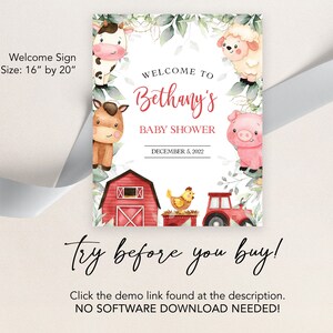 EDITABLE Farm Baby Shower Welcome Sign, Barn Animal Baby Sprinkle Party, Ranch Boy Baby Shower, Red Barnyard Animals, Instant Download BS113 image 3