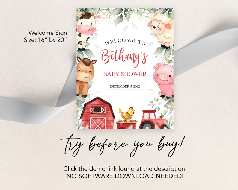 EDITABLE Farm Baby Shower Welcome Sign, Barn Animal Baby Sprinkle Party, Ranch Boy Baby Shower, Red Barnyard Animals, Instant Download BS113 image 3