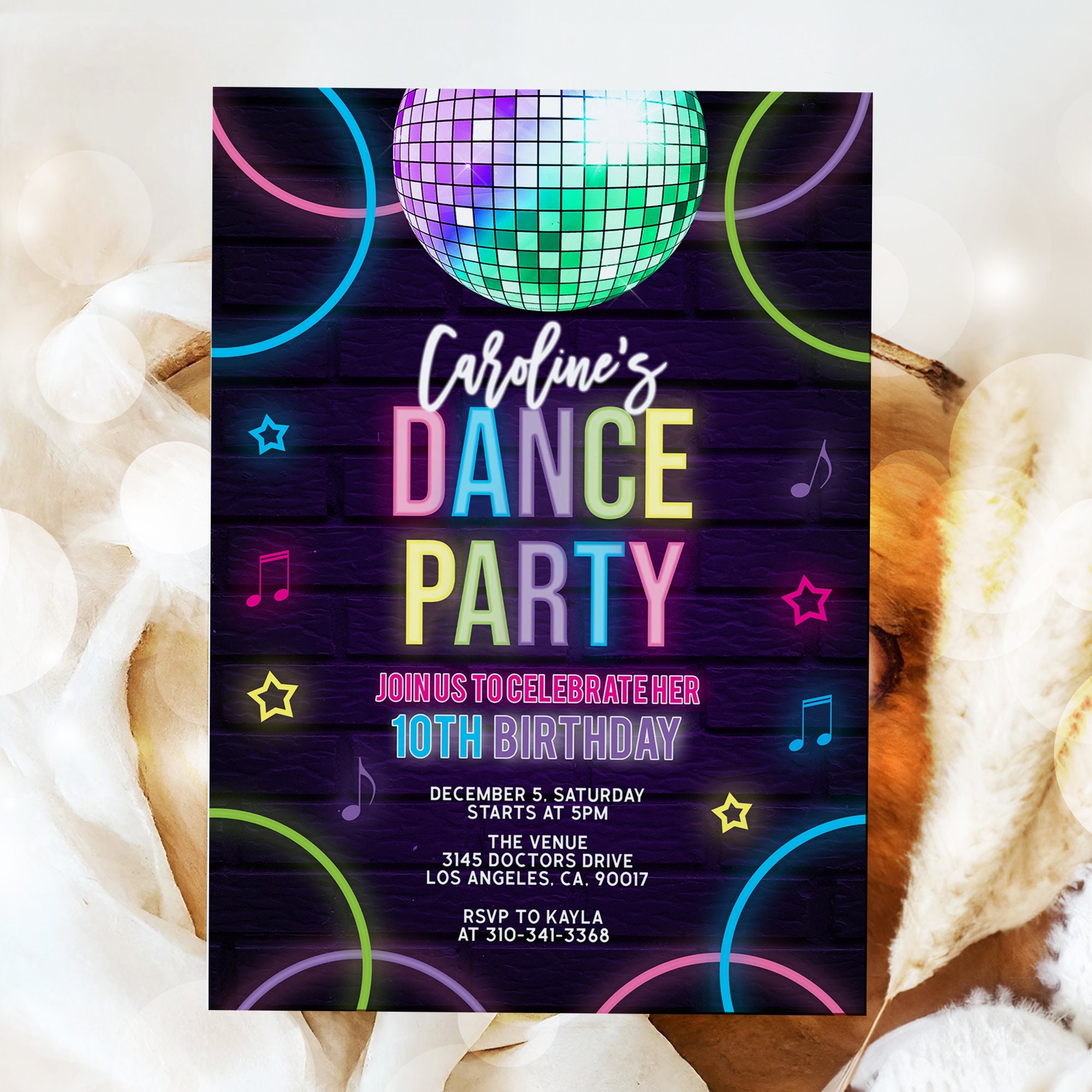 kids-dance-party-invitation-editable-disco-birthday-invite-glow-neon-template-disco-music-dancing-girl-tween-instant-download-kp067-etsy
