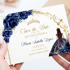 Quinceañera Save the Date Karte, Navy Blau und Gold Quitte Printable, Tiara Mis Quince 15 Anos, DIY Girl 15. Birthday, Sweet 16 Evite, Q039