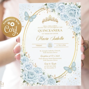 Invito Quinceañera baby blu e oro, invito festa farfalla pastello e rosa modificabile, Mis Quince Anos, ragazza floreale del 15° compleanno, Q033