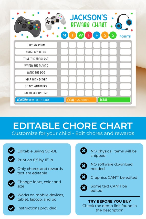 EDITABLE Kids Gaming Chore Chart Printable Responsibility - Etsy