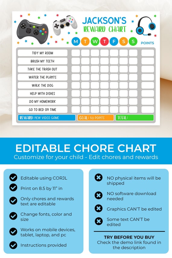 EDITABLE Kids Gaming Chore Chart, Printable Responsibility Chart ...