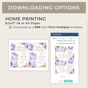 May include: A printable PDF file for a tea party invitation. The invitation features a purple teapot, teacups, and flowers. The text on the invitation reads "Let's Partea".