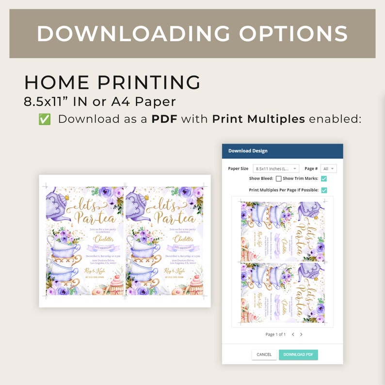 May include: A printable PDF file for a tea party invitation. The invitation features a purple teapot, teacups, and flowers. The text on the invitation reads "Let's Partea".