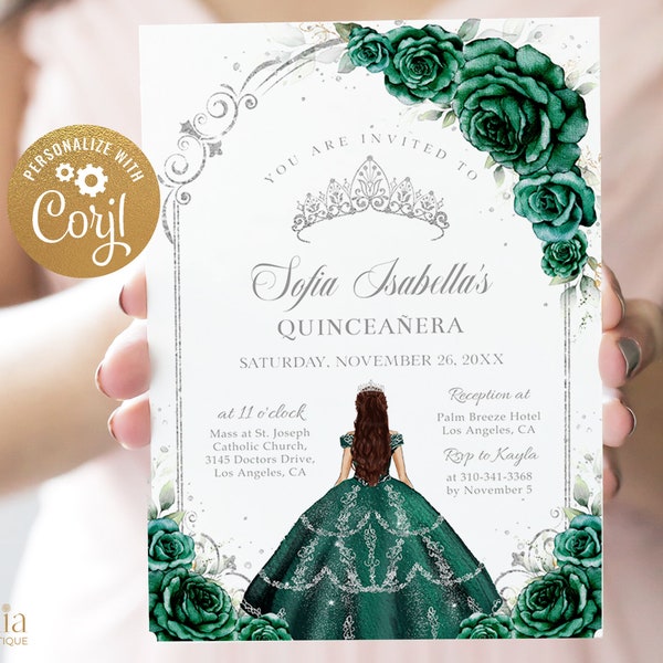 Emerald Green and Silver Arch Quinceañera Invitation, EDITABLE Tiara Rose 15th Birthday, Mis Quince Anos, Sweet 16, Instant Download, Q064