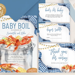 Crawfish Boil Baby Shower Invitation Set, Editable Louisiana Seafood Baby Brunch, Blue Plaid Invite, Neighborhood Party Template Pack, BS169