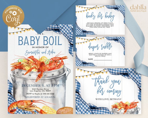 Crawfish Boil Baby Shower Invitation Set, Editable Louisiana Seafood Baby Brunch, Blue Plaid Invite, Neighborhood Party Template Pack, BS169