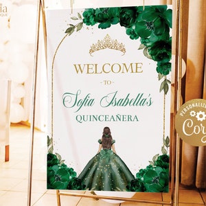 Emerald Green and Gold Arch Quinceañera Welcome Sign, EDITABLE Tiara Rose 15th Birthday Decor, Personalized Mis Quince Anos Poster, Q024