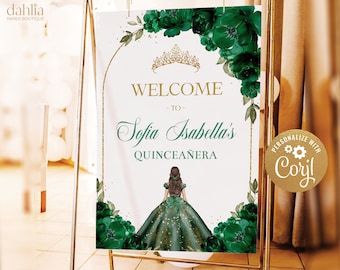 Emerald Green and Gold Arch Quinceañera Welcome Sign, EDITABLE Tiara Rose 15th Birthday Decor, Personalized Mis Quince Anos Poster, Q024