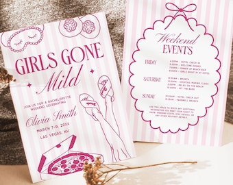 Girls Gone Mild Bachelorette Invitation, Editable Slumber Party Weekend Itinerary, Pink Girls Night Pajama Party, Spa Hen Party Invite BC065