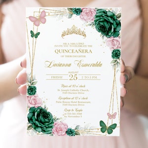 Emerald Green & Blush Pink Quinceañera Invitation, EDITABLE Butterfly 15th Birthday Party Invite, Floral Mis Quince Anos Digital Invite Q110