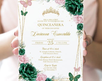May include: A quinceañera invitation with a floral design. The invitation features a gold tiara, butterflies, and roses in shades of pink and emerald green. The text reads "MR. & MRS. LÓPEZ INVITE YOU TO CELEBRATE THE QUINCEAÑERA OF THEIR DAUGHTER Lucianna Esmeralda."