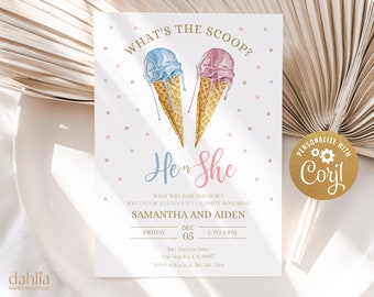 EDITABLE Ice Cream Gender Reveal Invitation, What's The Scoop Party Invite Template, Baby Boy Or Girl, He Or She, Instant Download GR028