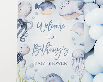 Under The Sea Baby Shower Welcome Sign, Editable Ocean Animals Party Banner Template, Nautical Baby Sprinkle, Whales, Instant Download BS139