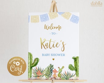 Puede incluir: Bienvenido a la fiesta de bienvenida al bebé de Katie con un tema de cactus y suculentas. El cartel es blanco con letras doradas y recortes de papel azul y amarillo.