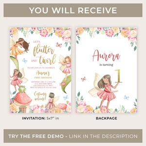 May include: A printable invitation for a first birthday party with a fairy theme. The invitation features a watercolor illustration of fairies, flowers, and butterflies. The text on the invitation reads "Let's flutter and twirl" and "Aurora's First Birthday". The back of the invitation features a watercolor illustration of a fairy holding a golden number one. The text on the back of the invitation reads "Aurora is turning 1".